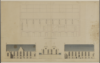216674 Opstanden van de gevels en een lengtedoorsnede van het Leeuwenburggasthuis (Schalkwijksteeg) te Utrecht. N.B. ...